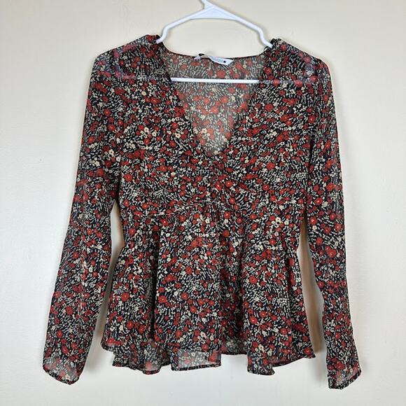 Zara Women's Floral Print A-Line Ruched Front‎ Ruffle Hem Blouse Size XS - Picture 3 of 9